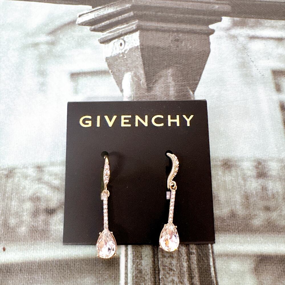 NWT Givenchy 07G00890 Pear‑Shaped Crystal Drop Huggie Earrings Gold Tone Pave